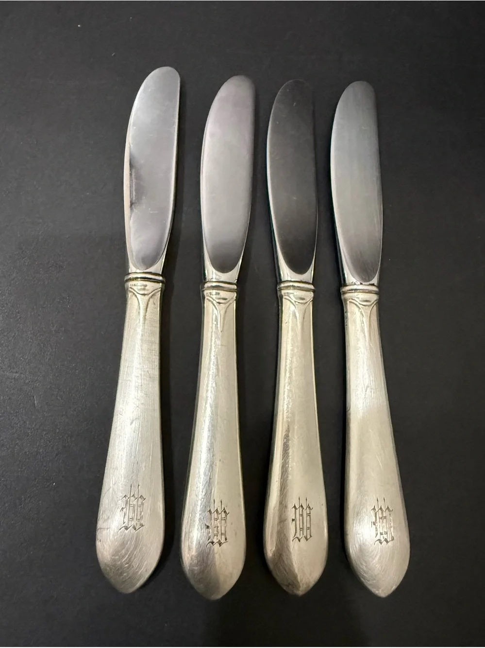 4 Vintage GORHAM Sterling Gothic Monogram W or M Hollow Handle Butter Spreader